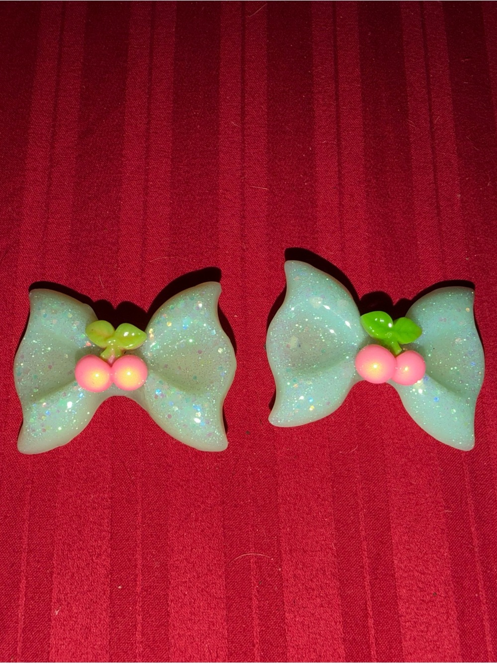 Sparkly Mint Bow Hair Clips with Pink Cherry Accent